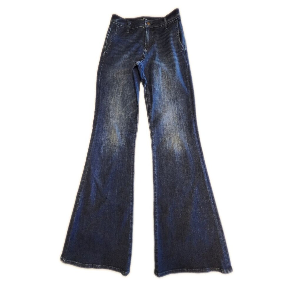 Express Dark Blue Wash Mid Rise 70s Flare Jeans, 0R - Picture 2 of 8